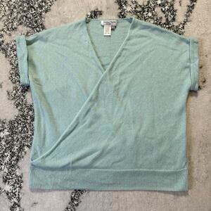 Snappy‎ Turtle Sweater Womens Size M Blue 100% Cashmere Wrap Short Sleeve V Neck